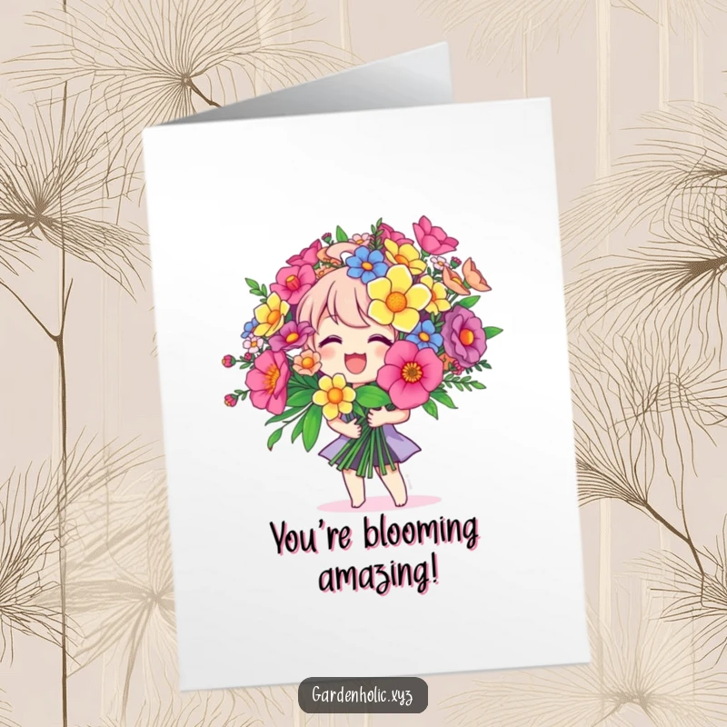 Funny Free Printable Birthday Card: Joyful character beams while holding a giant, colorful bouquet of flowers.