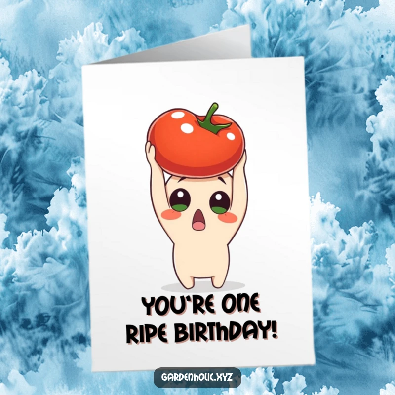 Funny Free Printable birthday card showing a character with a look of surprise holding a ripe red tomato overhead.