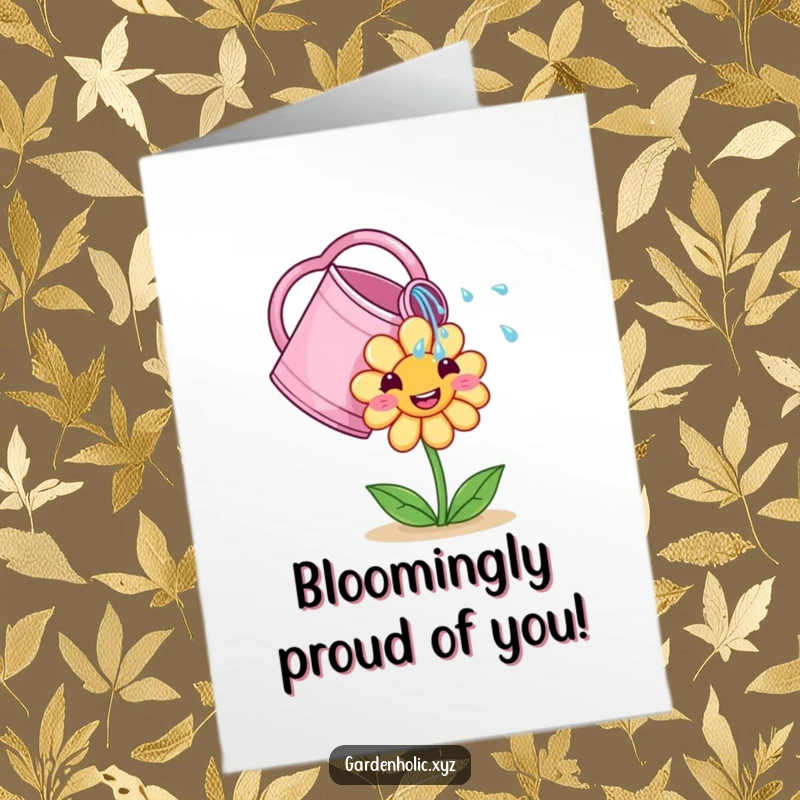 Funny Free Printable Congratulations Card: Cute watering can nurturing a smiling flower, representing flourishing success.