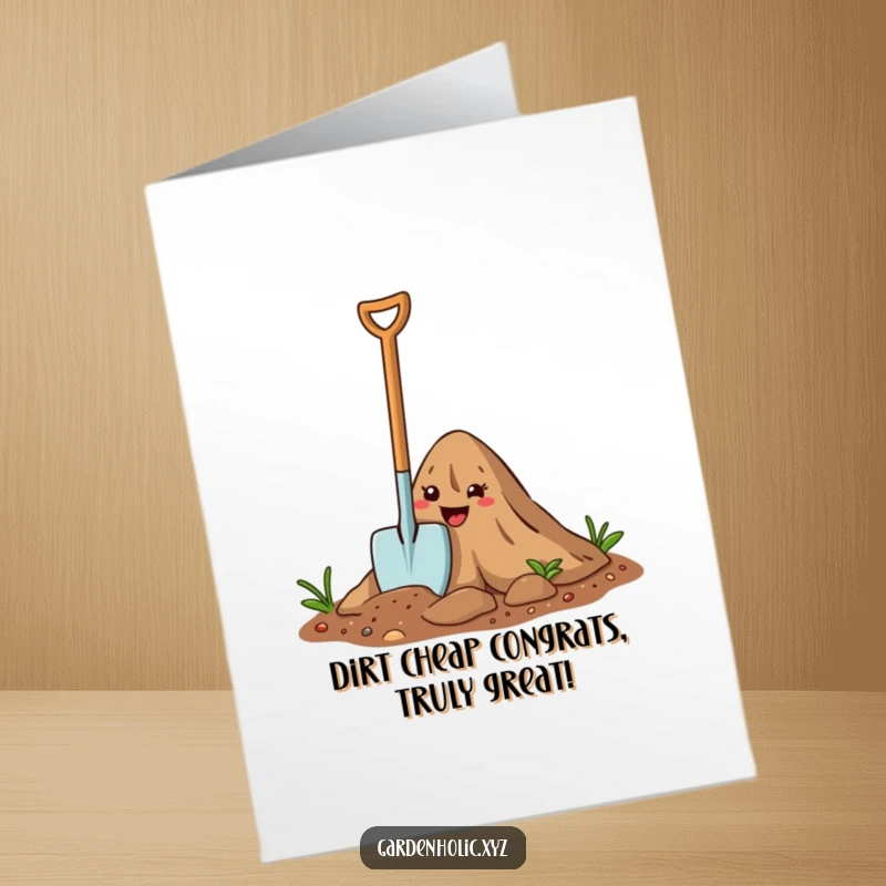 Funny Free Printable Congratulations Card: Happy trowel character digging enthusiastically into dirt, symbolizing a successful endeavor.