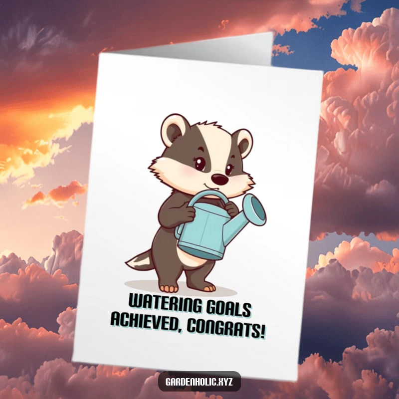 Funny Free Printable Congratulations Card: A determined badger heroically carries a comically large watering can, celebrating success.