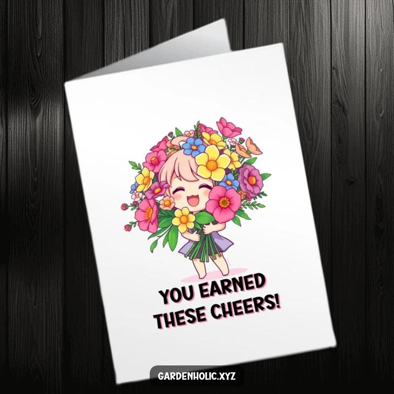 Funny Free Printable Congratulations Card: Joyful character exuberantly holds a massive, vibrant bouquet of flowers.