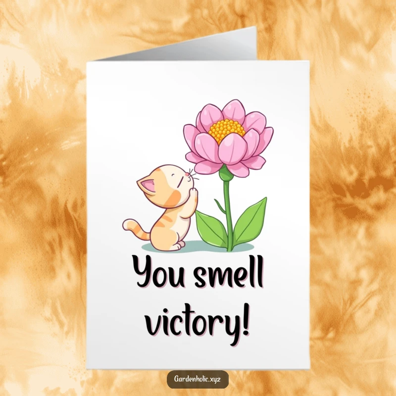 Funny Free Printable congratulations card, a curious cat marveling at a giant blooming flower, celebrating success.