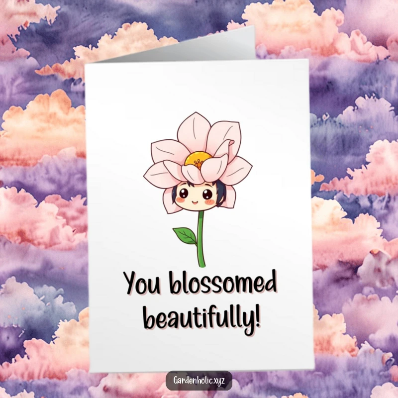 Funny Free Printable Congratulations Card: Cheerful character smiles with delight, admiring a huge, freshly bloomed flower.