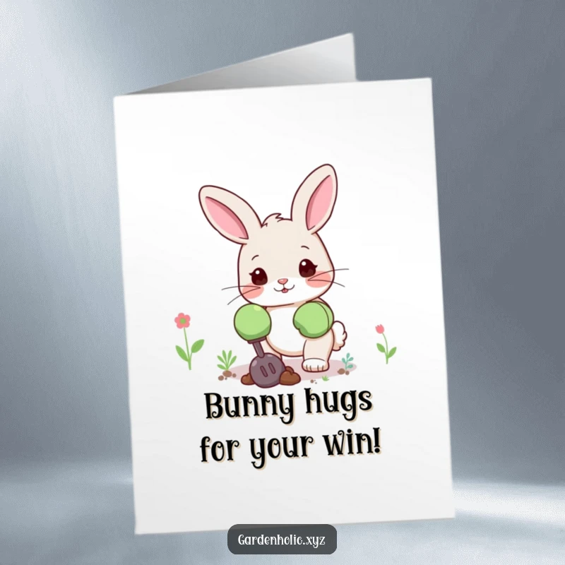 Funny Free Printable Congrats Card: Cute bunny wearing oversized gloves, digging happily, celebrating success.