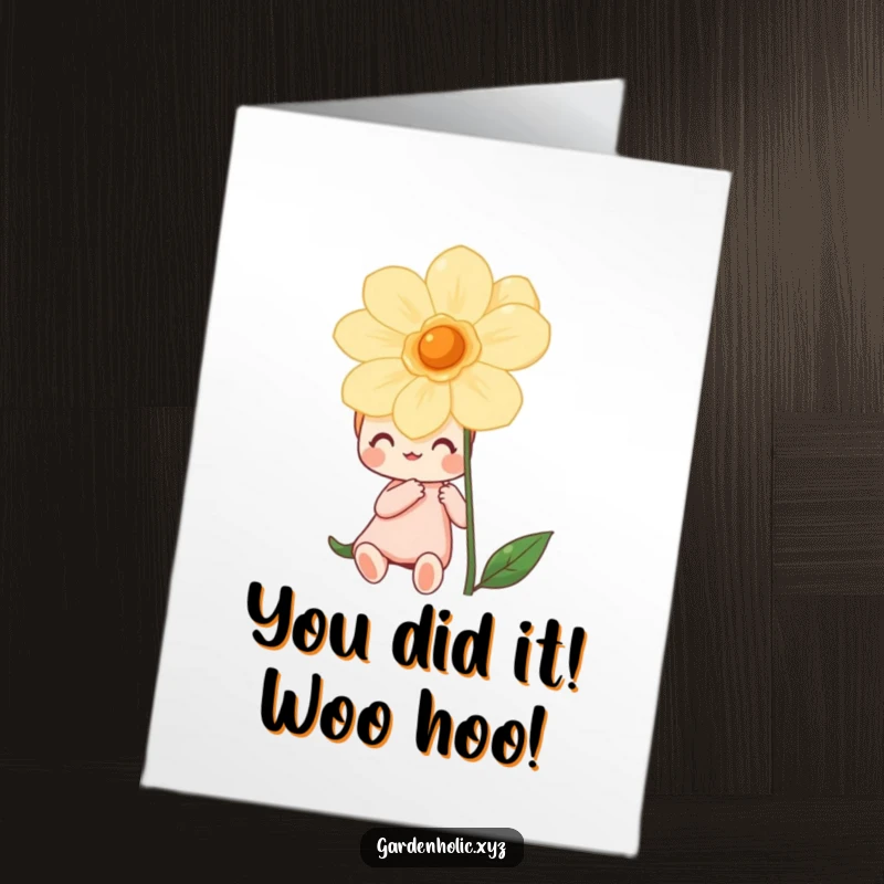 Funny Free Printable Congratulations Card: Happy character gazing at a magnificent blooming flower, celebrating a milestone.