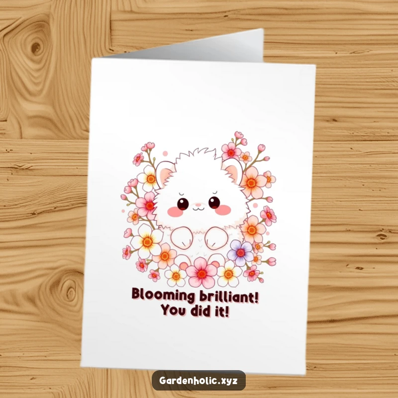 Funny Free Printable Congrats Card: Fluffy creature surrounded by colorful blossoms, celebrating success.