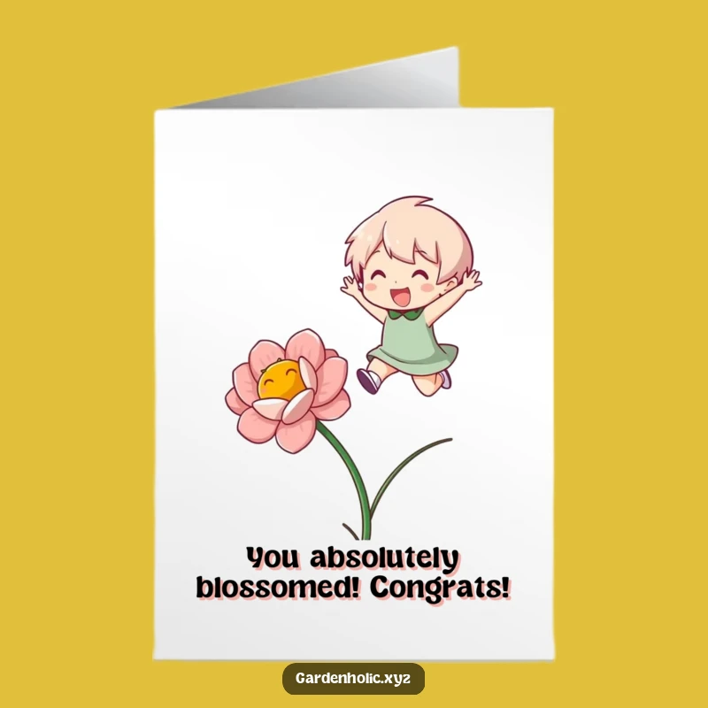 Free Printable Congrats Card: Funny Jumping Character Bloom Greeting, Downloadable Celebration Gift