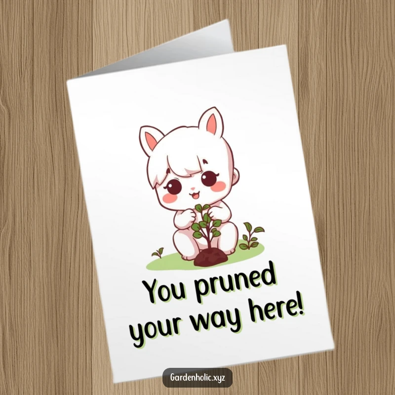 Funny Free Printable Congrats Card: A character skillfully pruning a miniature bush, representing careful progress and a successful outcome.