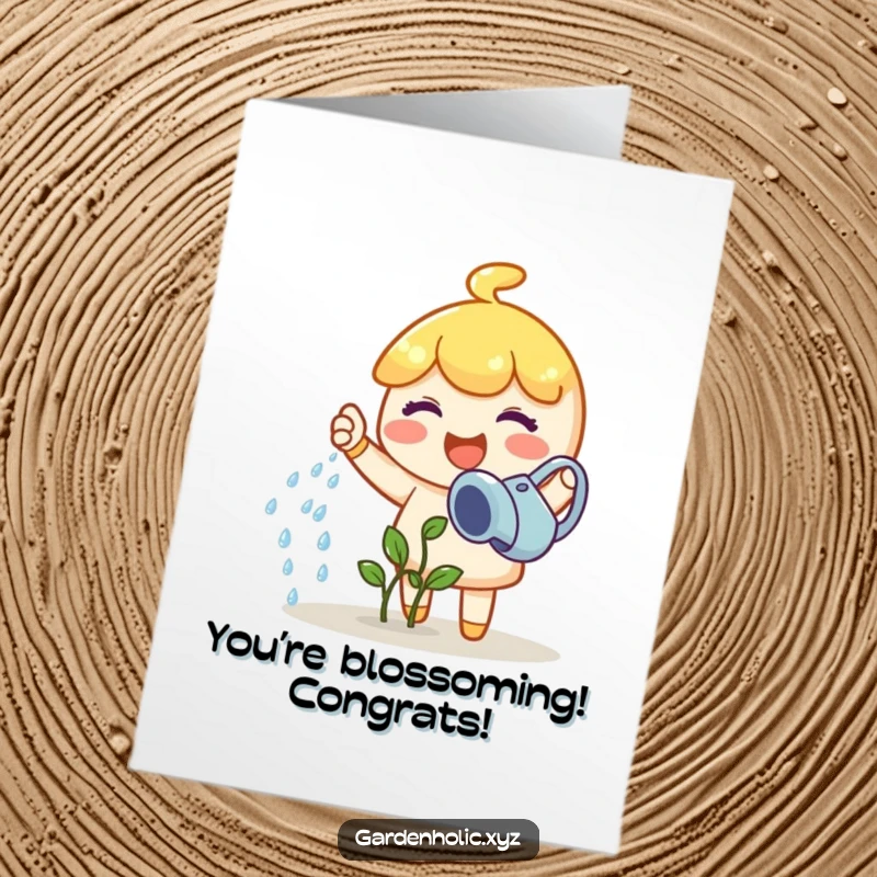 Funny Free Printable Congratulations Card: Joyful character happily waters a tiny sprout, celebrating growth and new beginnings with a cheerful touch.