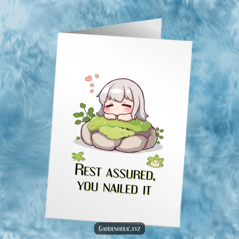 Funny Free Printable Congrats Card: A character sighing contentedly while resting on a mossy stone, appreciating a moment of success.