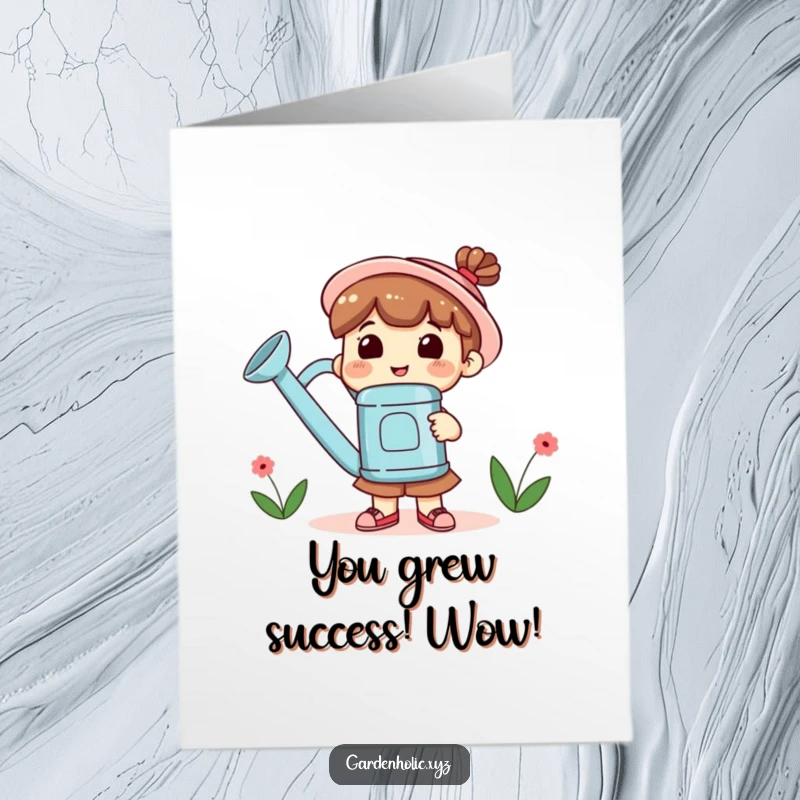 Funny Free Printable Congratulations Card: Cute character beaming, holding a large watering can, celebrating a successful growth or achievement.