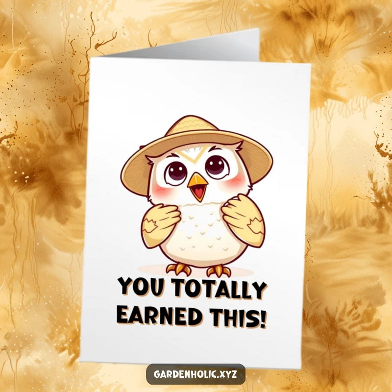 Funny Free Printable Congratulations Card: Delighted owl in a straw hat, fanning itself, exuding cool confidence.
