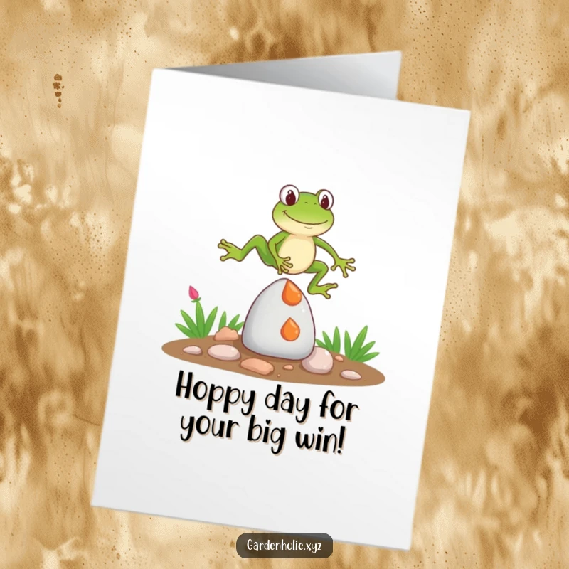 Funny Free Printable Congratulations Card: A bouncy frog clears a garden gnome in a hilarious jump, perfect printable celebration.