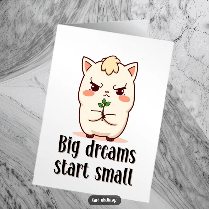 Funny Free Printable Congratulations Card: Determined character offers a tiny sprout, celebrating new achievements and growth.