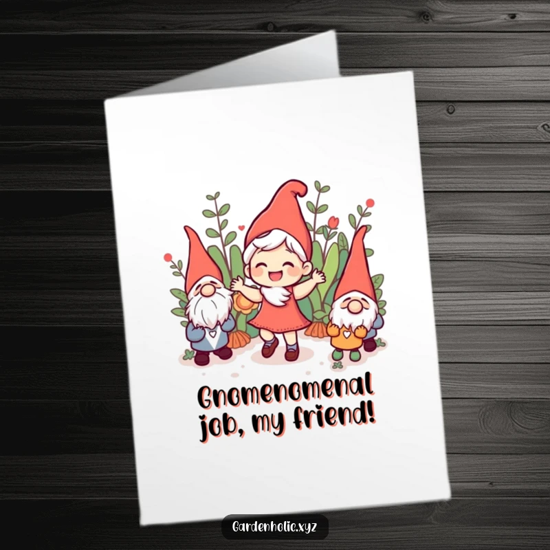 Funny Free Printable congratulations card of a character energetically dancing among garden gnomes, celebrating a win.