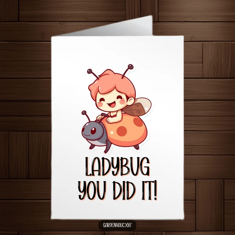Funny Free Printable Congratulations Card: Cheerful character rides a friendly ladybug, celebrating a successful journey.