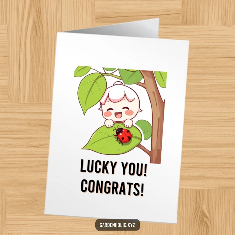 Funny Free Printable Congrats Card: Joyful character with rosy cheeks catching a falling ladybug on its leaf.