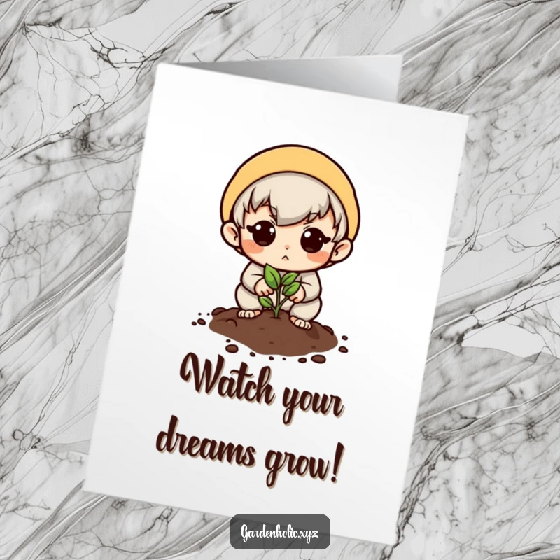 Funny Free Printable Congratulations Card: Character determinedly planting a tiny seed with hope.