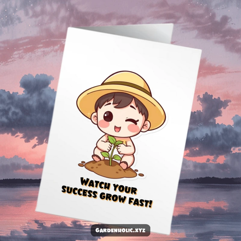 Funny Free Printable Congratulations Card: Character wearing a sun hat winks while planting a seed, a symbol of new growth, downloadable.