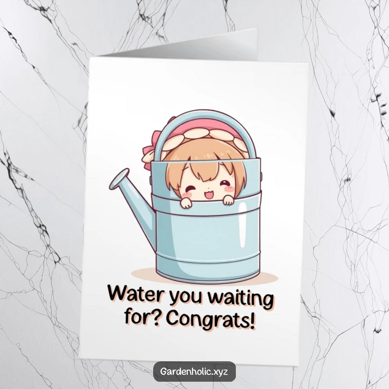 Funny Free Printable Congrats Card: A smiling character peeks from behind an oversized watering can, hinting at joyful news.