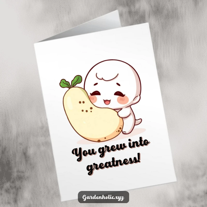 Funny Free Printable Congratulations Card: A giggling character smudged with dirt proudly looks at a plump vegetable, celebrating a win.