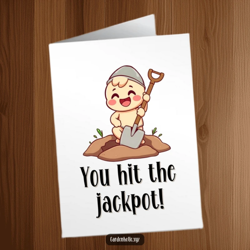 Funny Free Printable Congratulations Card: Beaming character digging a perfect hole with a spade, celebrating success.