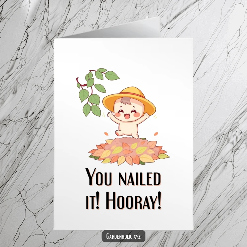 Funny Free Printable Congratulations Card: Joyful character with a sun hat happily bouncing on a pile of leaves.