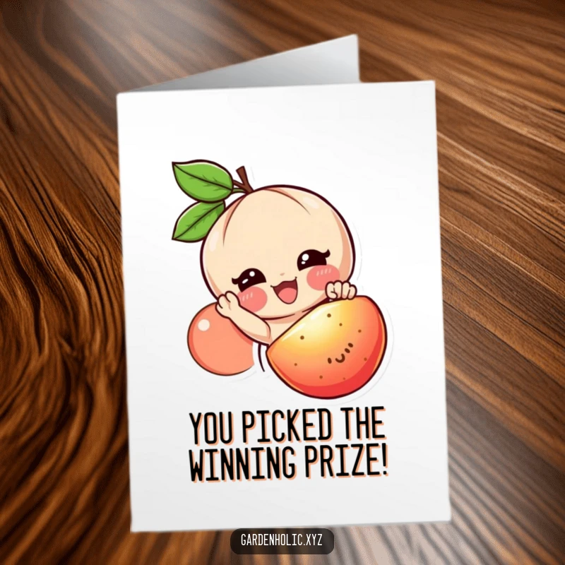 Funny Free Printable Congratulations Card: Character with a smile reaches for a juicy ripe fruit, celebrating achievement and rewards.