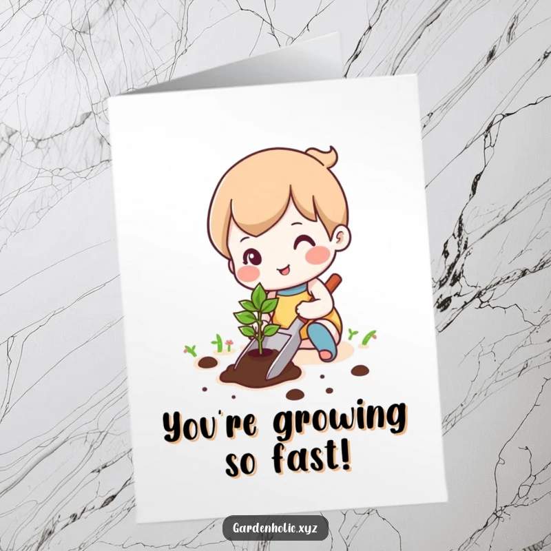 Funny Free Printable happy character planting a tiny seedling with a trowel for congratulations.
