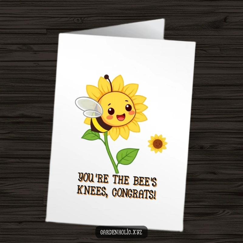 Funny Free Printable Congratulations Card: A cheerful bee flies towards a smiling sunflower, celebrating success with a buzz.
