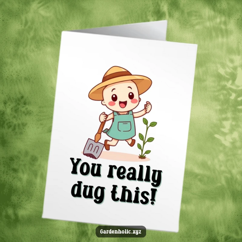 Funny Free Printable Congratulations Card: A happy gardening hoe hops with joy, celebrating your success.