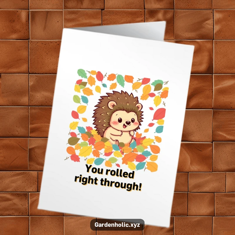 Funny Free Printable congratulations card showing a happy hedgehog rolling through a pile of colorful leaves, signifying progress.