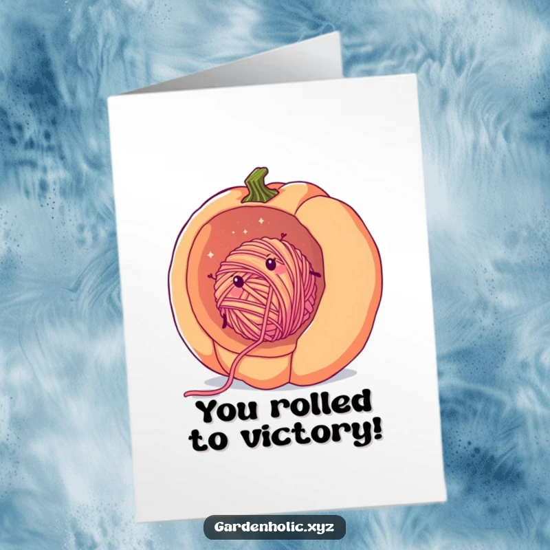Funny Free Printable Congratulations Card: Fuzzy yarn ball rolling inside a pumpkin, symbolizing momentum and success.