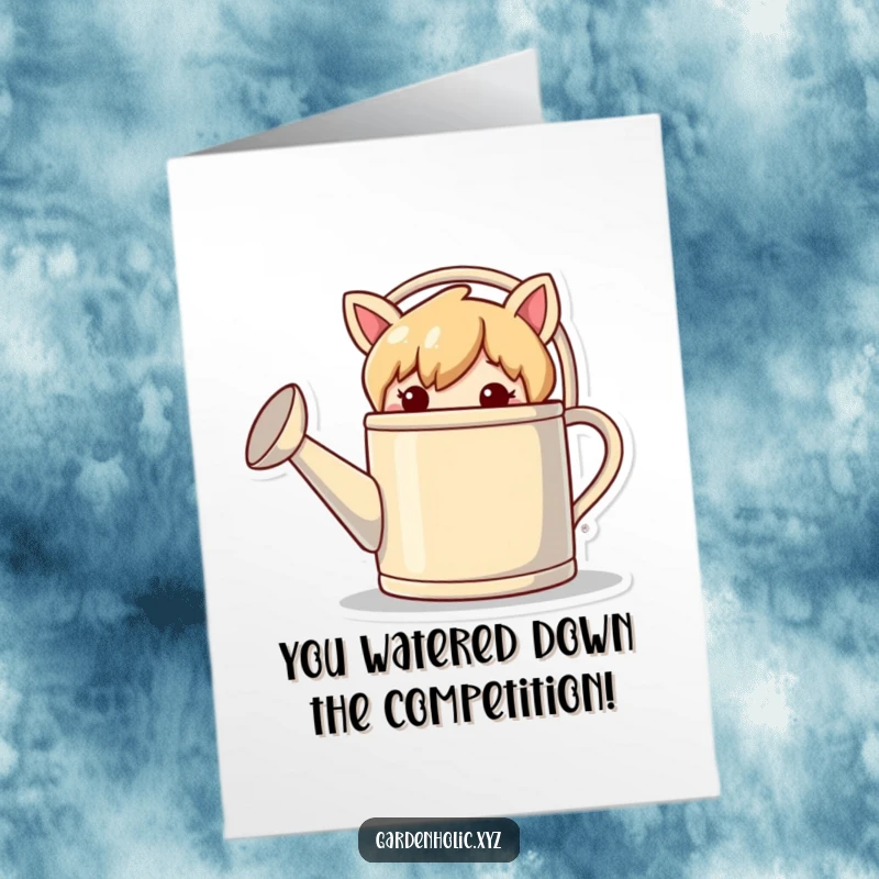 Funny Free Printable Congratulations Card: Mischievous character hiding behind a giant watering can, planning a playful surprise.