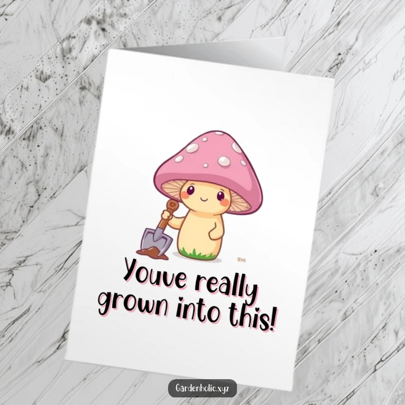Funny Free Printable Congratulations Card: Mushroom planting its cap, celebrating success with a quirky and amusing design.