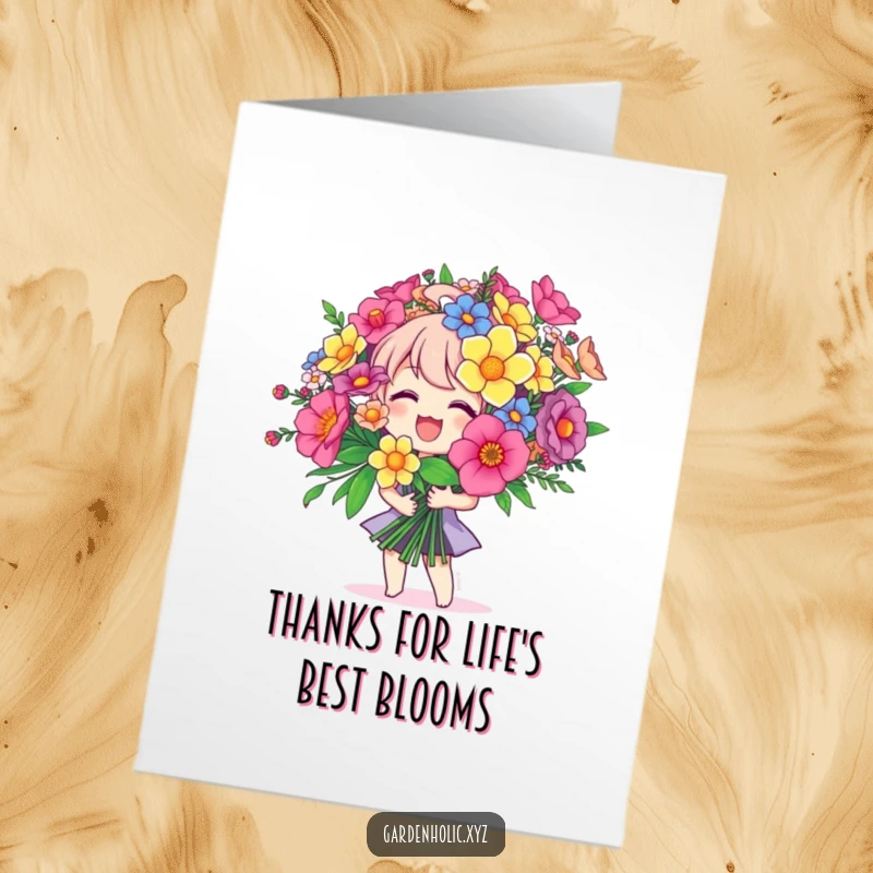 Funny Free Printable Thank You Card: Joyful character holds a giant, colorful floral bouquet, expressing deep thanks.