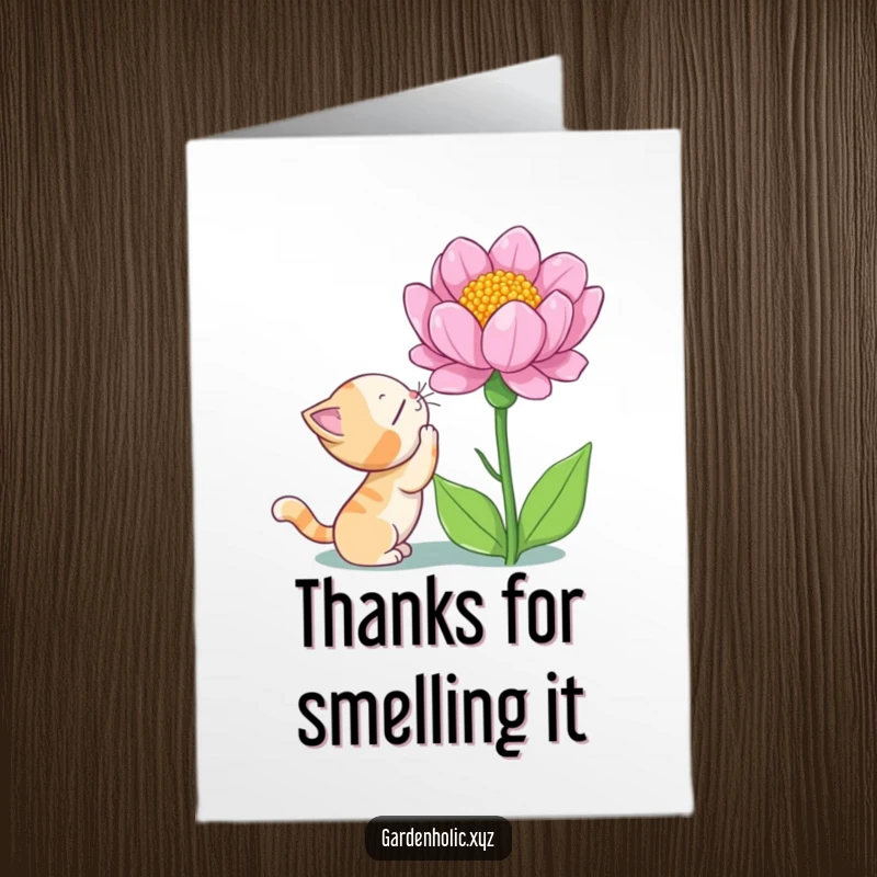 Funny Free Printable thank you card, a curious cat sniffing a giant blooming flower with wonder, giving thanks.