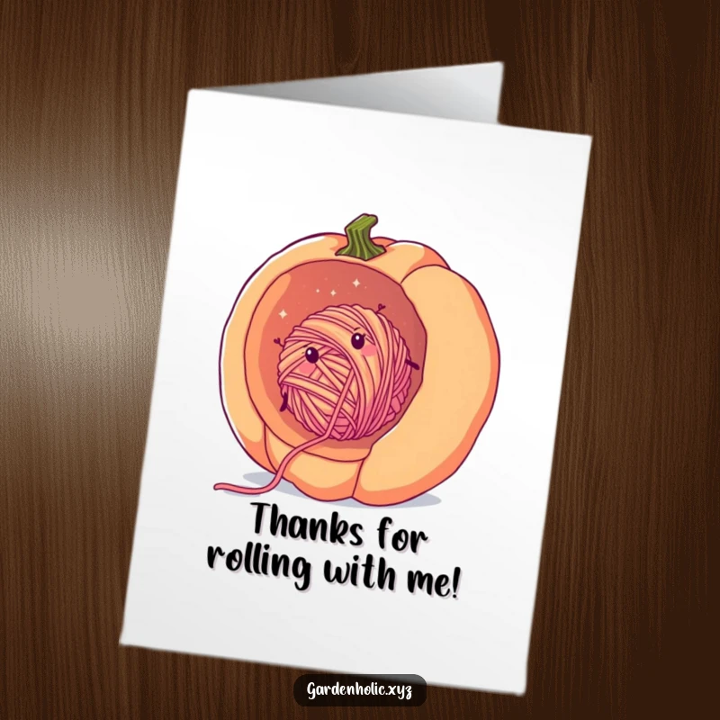 Funny Free Printable Thank You Card: A cheerful, fuzzy yarn ball rolling downhill inside a pumpkin, conveying thanks.