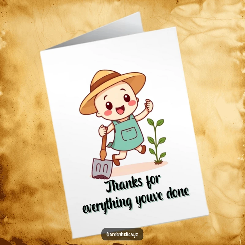Funny Free Printable Thank You Card: A gardening hoe does a cheerful hop, conveying heartfelt thanks.