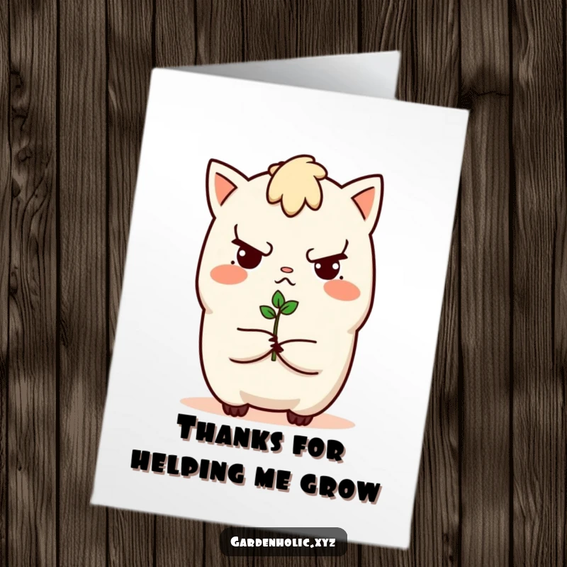 Funny Free Printable Thank You Card: Determined character presents a tiny sprout, expressing gratitude for growth and support.