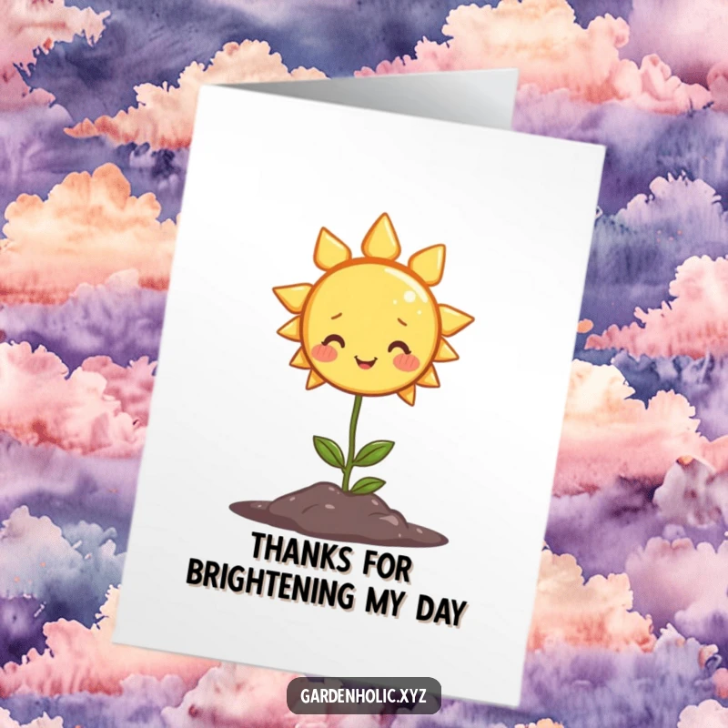 Funny Free Printable Thank You Card: A smiling sun radiates warmth onto a small plant, expressing thanks.