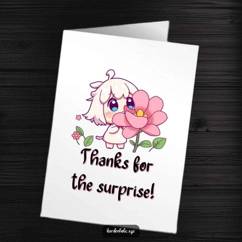 Funny Free Printable Thank You Card: Surprised character watches a flower rapidly bloom, symbolizing surprise gratitude.