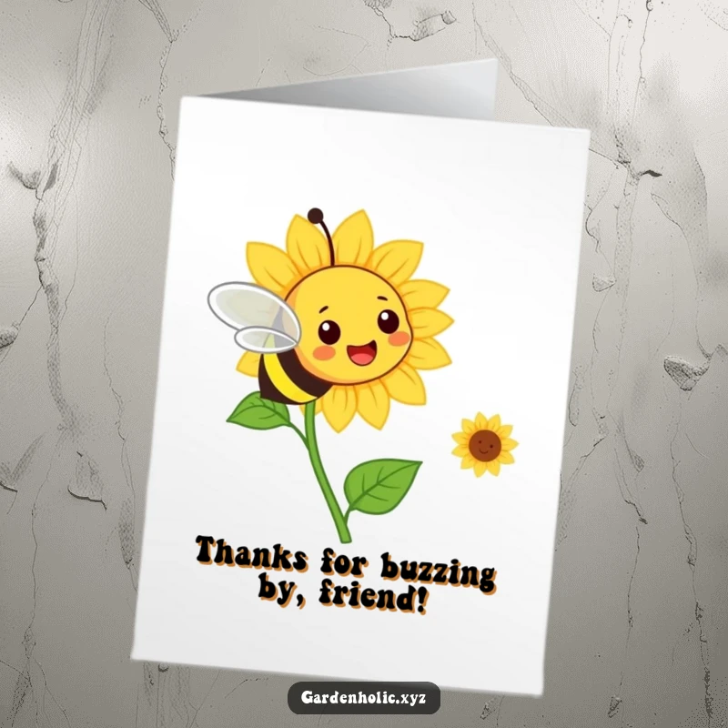 Free Printable Thank You Card: A happy bee flies towards a smiling sunflower, conveying sweet gratitude.