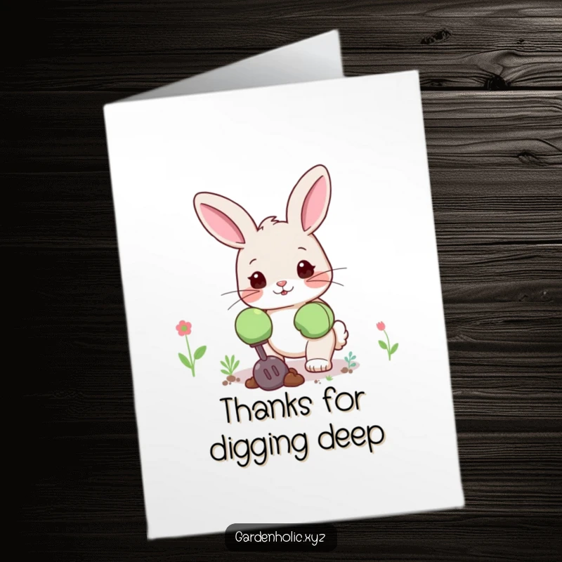 Funny Free Printable Thank You Card: Cute bunny in oversized gloves, digging happily, expressing thanks.