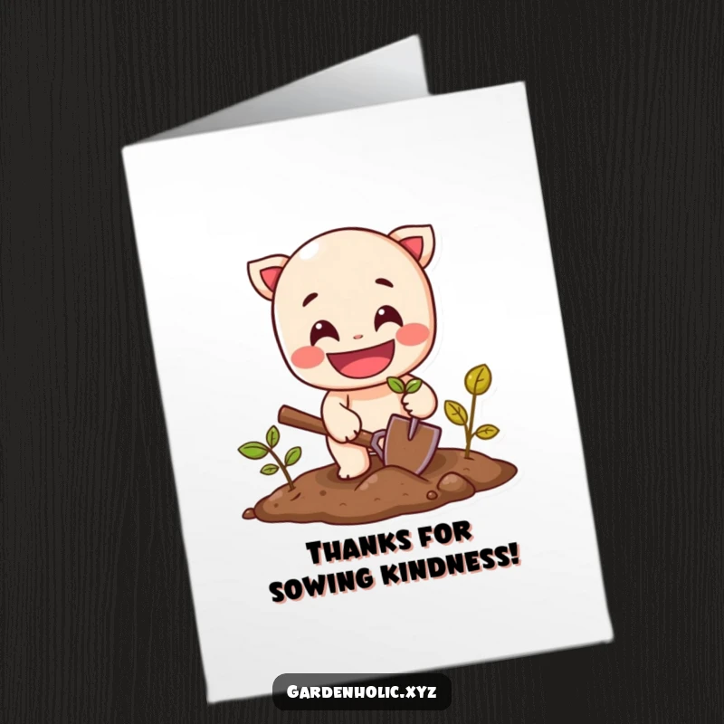 Funny Free Printable Thank You Card: Cheerful character with a wide grin planting a seed, grateful.