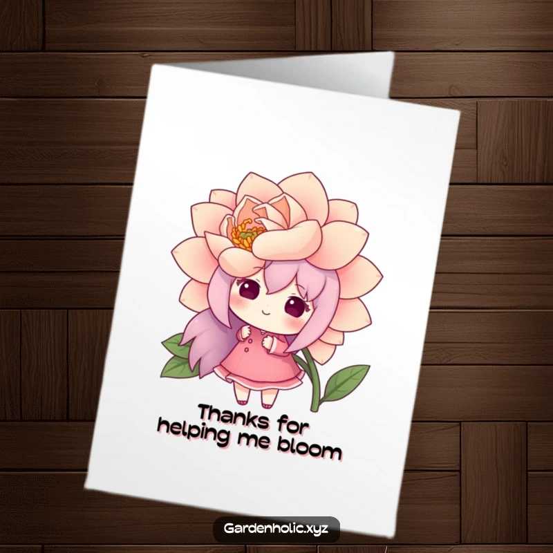 Funny Free Printable Thank You Card: A character happily admiring a giant flower, conveying thanks with a sense of wonder.