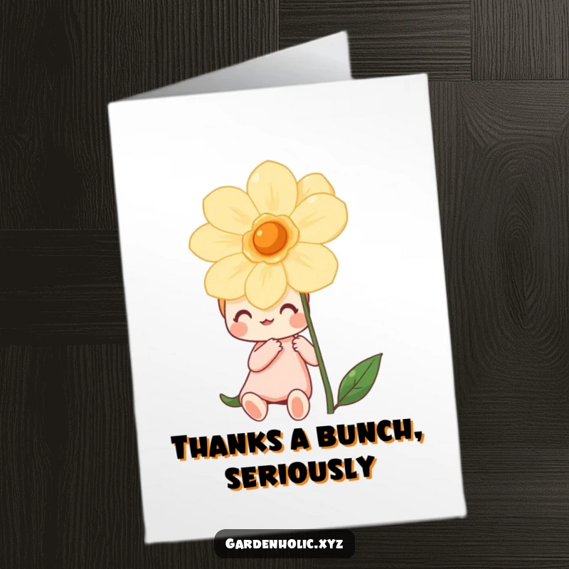 Funny Free Printable Thank You Card: Joyful character marveling at a spectacular blooming flower, conveying heartfelt thanks.