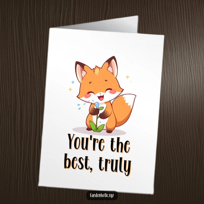 Funny Free Printable Thank You Card: Joyful fox showering a small plant with sparkling water, expressing thanks.