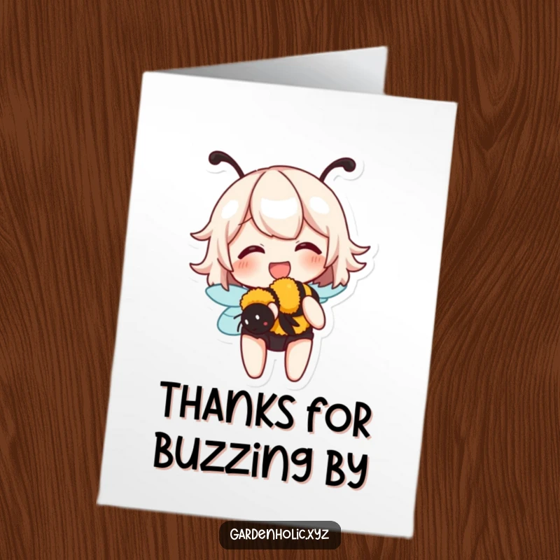 Funny Free Printable Thank You Card: Character giggles while holding a friendly, buzzing bumblebee, expressing thanks.
